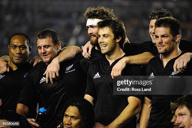 Neeia Tialata, Tony Woodcock, Jason Eaton, Conrad Smith Tom Donnelly and Richie McCaw of the All Blacks following their win in the 2009 Bledisloe Cup...