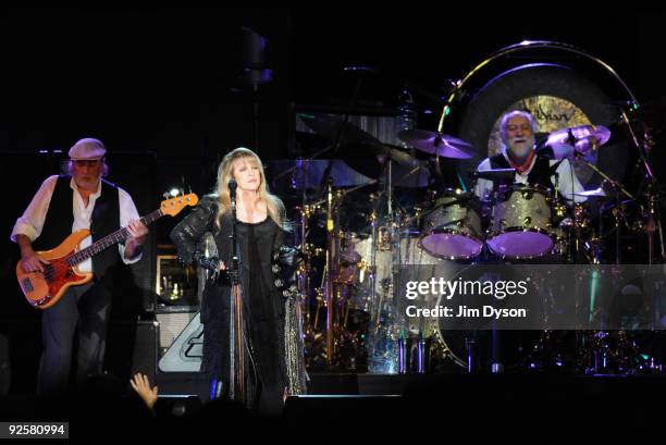 John McVie, Mick Fleetwood and Stevie Nicks of Fleetwood Mac perform during their 'Unleashed' tour at Wembley Arena on October 30, 2009 in London,...