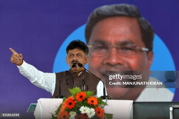 Karnataka minister for energy, D.K. Shivakumar, gestures while addressing the gathering during the inauguration of "Shakti Sthala", the 1st phase of...