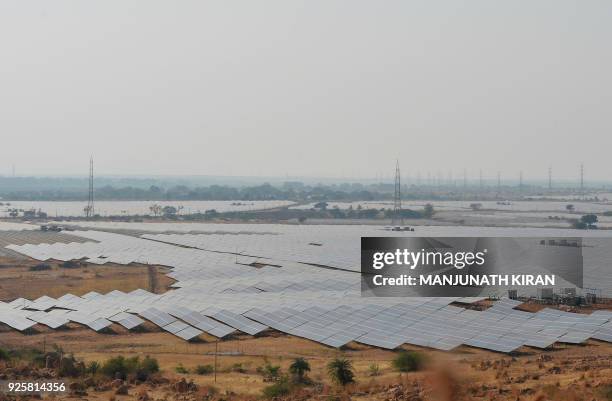 Rows of of solar panels face the sun at "Shakti Sthala", the 2000 Megawatt solar power park in Pavagada Taluk, situated about 150 kms from Bangalore...