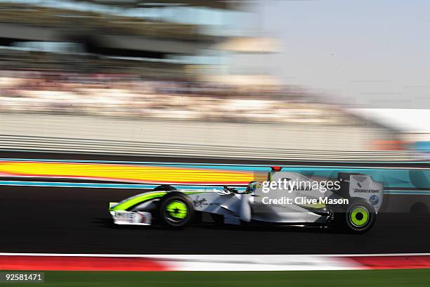 Jenson Button of Great Britain and Brawn GP drives during the final practice session prior to qualifying for the Abu Dhabi Formula One Grand Prix at...