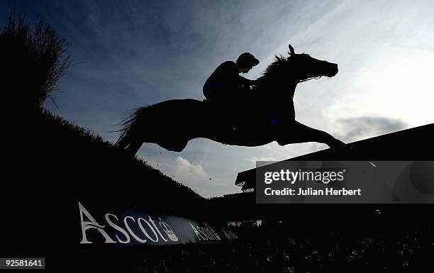 Ruby Walsh and Sanglote clear a fence during The Ascot Underwriting Beinners' Steeple Chase Race run at Ascot Racecourse on October 31, 2009 in...