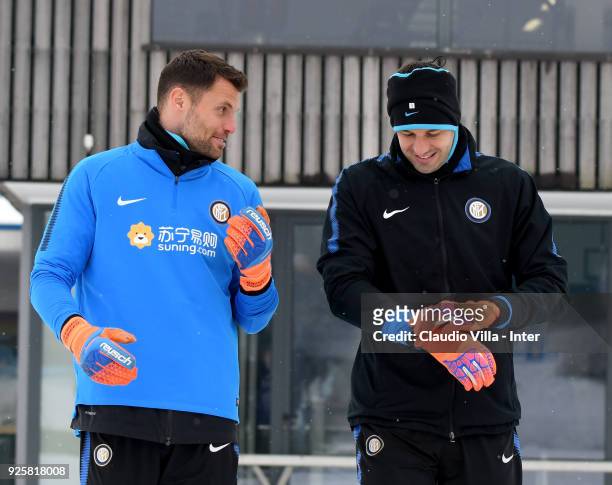 Samir Handanovic and Daniele Padelli of FC Internazionale chat during the FC Internazionale training session at the club's training ground Suning...