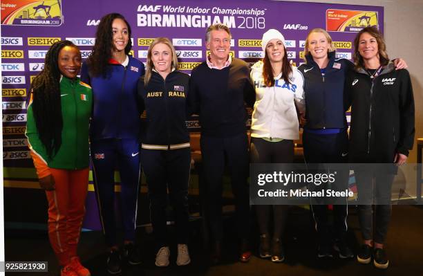 Sebastian Coe the IAAF President poses alongside Marie-Josée Ta Lou of Ivory Coast , Katarina Johnson-Thompson of Great Britain,Sally Pearson of...