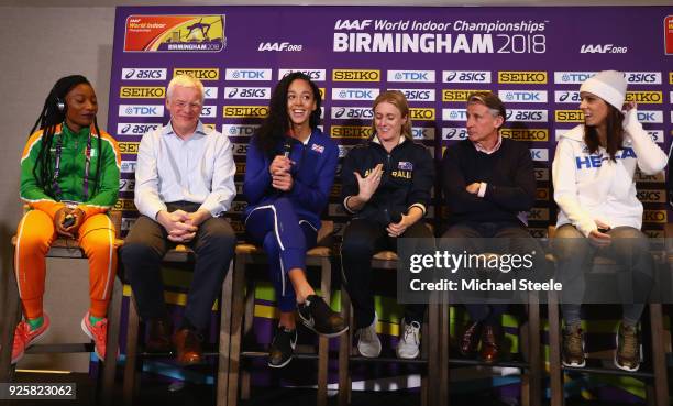 Katarina Johnson-Thompson of Great Britain answers questions alongside Marie-Josée Ta Lou of Ivory Coast, Richard Bowker Chair of UK Athletics, Sally...