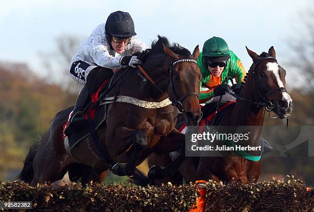 Tony McCoy and You're The Top lead the Richard Johnson ridden William Hogarth over the last flight before landing The Cushman and Wakefield Novices'...