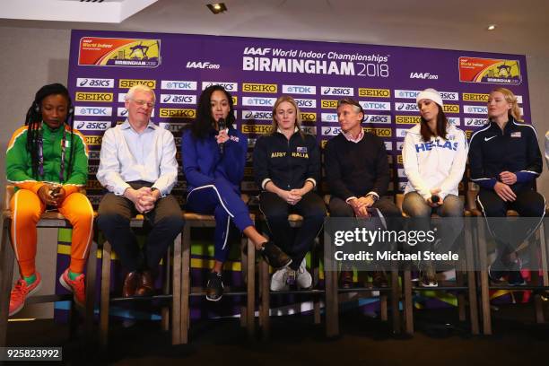 Katarina Johnson-Thompson of Great Britain answers questions alongside Marie-Josée Ta Lou of Ivory Coast, Richard Bowker Chair of UK Athletics, Sally...