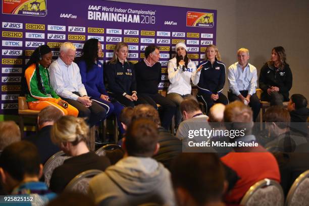 Ekaterini Stefanidi of Greece answers questions alongside athletes Katarina Johnson-Thompson of Great Britain , Marie-Josée Ta Lou of Ivory Coast,...