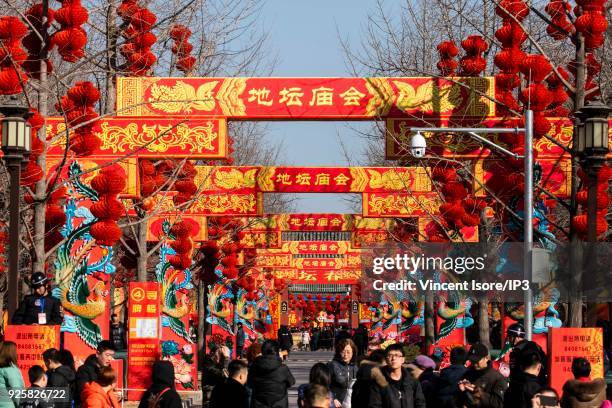 Traditional lanterns in a Hutong district on the occasion of Chinese New Year on February 17, 2018 in Beijing, China. Since 16 February 2018, the...