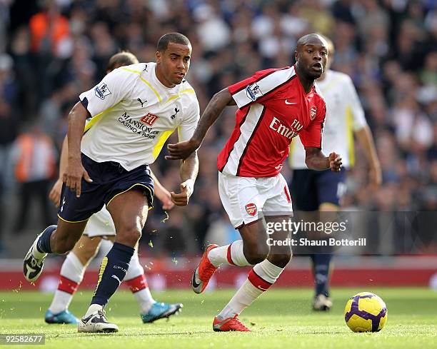 William Gallas of Arsenal breaks away from Tom Huddlestone of Tottenham Hotspur during the Barclays Premier League match between Arsenal and...