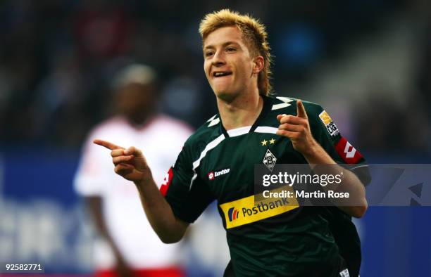 Marco Reus of Gladbach celebrates after he scores his team's 1st goal the Bundesliga match between Hamburger SV and Borussia M'gladbach at the HSH...