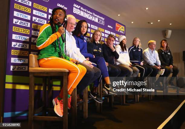 Marie-Josée Ta Lou of Ivory Coast answers media questions during a press conference ahead of the Iaaf World Indoor Championships at Arena Birmiingham...