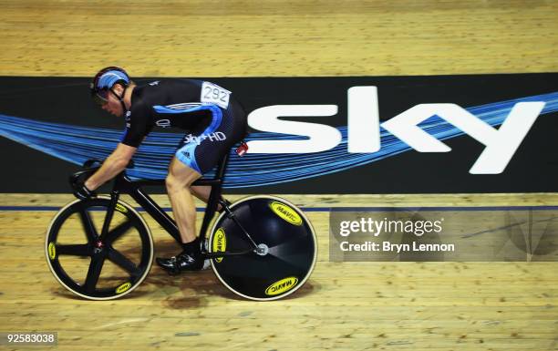 Chris Hoy of Great Britain and SKY+HD in action during day two of the UCI Track Cycling World Cup at the Manchester Velodrome on October 31, 2009 in...