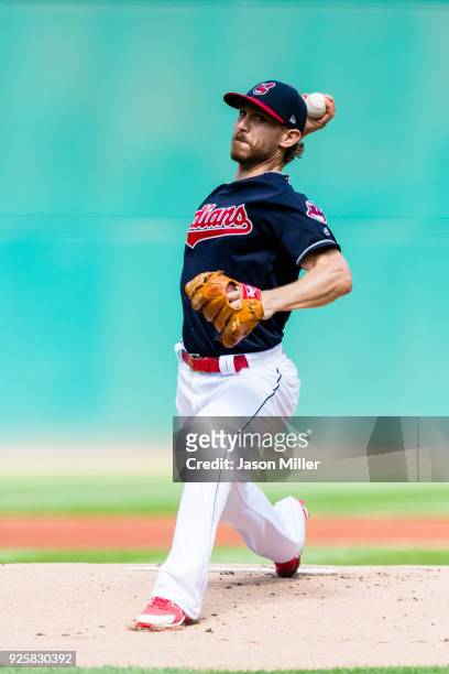 Starting pitcher Josh Tomlin of the Cleveland Indians pitches during the first inning against the Baltimore Orioles at Progressive Field on September...