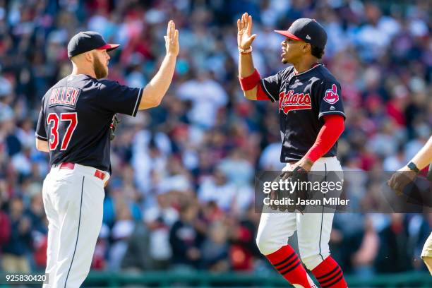 Cody Allen of the Cleveland Indians celebrates with Francisco Lindor after the Cleveland Indians win the game against the Baltimore Orioles at...