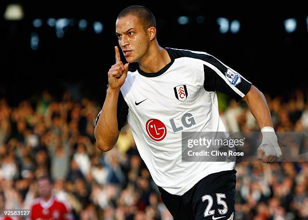 Bobby Zamora of Fulham celebrates his goal during the Barclays Premier League match between Fulham and Liverpool at Craven Cottage on October 31,...