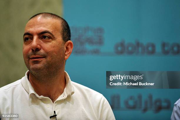 Director Hany Abu-Assad speaks during 'Doha Talks: One Big World: Producing & Distributing Independent & International Films in the Global Market' at...