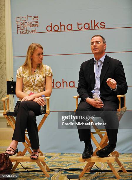Producers Lynette Howell and Ken Kamins speak during 'Doha Talks: Financing from Hollywood to Qatar: The New World of Global Production' at the Four...
