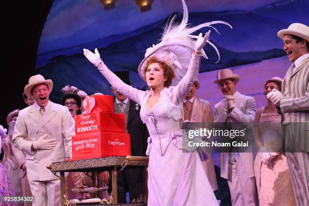 Bernadette Peters Celebrates Her Birthday On Stage At Broadway's "HELLO, DOLLY!" on February 28, 2018 in New York City.