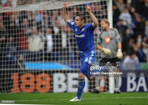Chelsea midfielder Frank Lampard celebrates his penalty during the Barclays Premier League match between Bolton and Chelsea at the Reebok Stadium on...