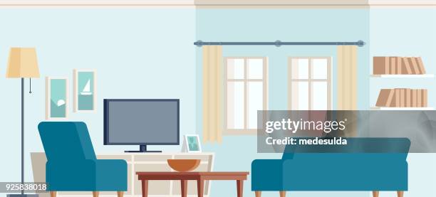 ilustrações de stock, clip art, desenhos animados e ícones de living room, couch, armchair, television, resting, window, lamp - tv sala