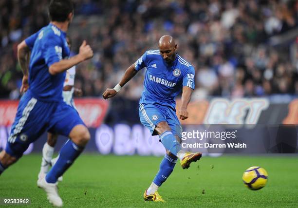 Chelsea striker Nicolas Anelka shoots for goal during the Barclays Premier League match between Bolton and Chelsea at the Reebok Stadium on October...