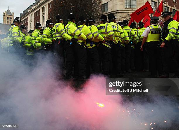Police line contains a anti English Defence League demonstration in Leeds town centre on October 31, 2009 in Leeds, England. The English Defence...