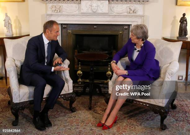 Prime Minister Theresa May meets EU Council President Donald Tusk at 10 Downing Street March 1, 2018 in London.