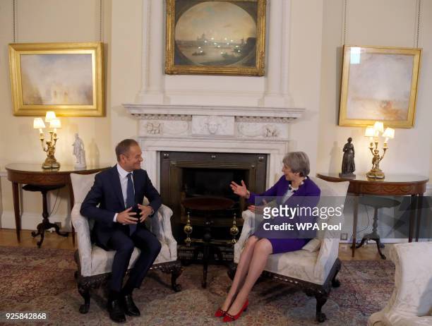 Prime Minister Theresa May meets EU Council President Donald Tusk at 10 Downing Street March 1, 2018 in London.