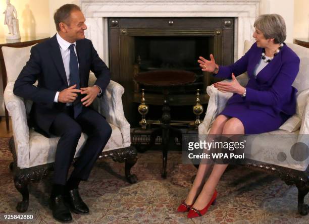 Prime Minister Theresa May meets EU Council President Donald Tusk at 10 Downing Street March 1, 2018 in London.