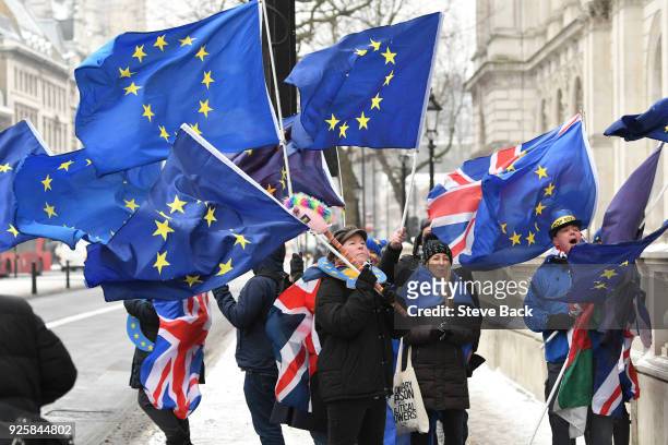 Campaigners demonstrate as European Council President Donald Tusk arrives to meet Theresa May at 10 Downing Street March 1, 2018 in London.