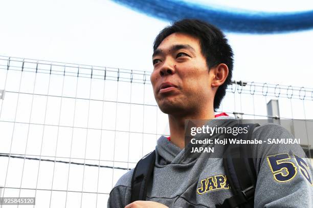 Shogo Akiyama of Japan speaks during a Japan training session at the Nagoya Dome on March 1, 2018 in Nagoya, Aichi, Japan.