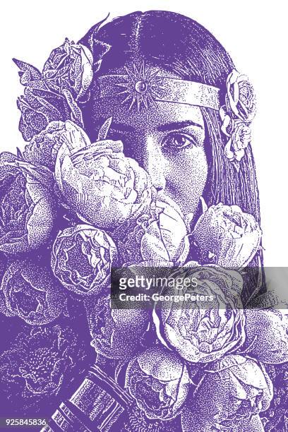 beautiful woman's face surrounded by peonies - earth goddess stock illustrations