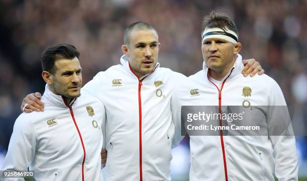 Danny Care, Mike Brown and Dylan Hartley of England before the NatWest Six Nations Championship between Scotland and England at Murrayfield on...