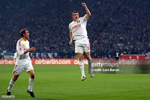 Toni Kroos of Leverkusen celebrates scoring his team's first goal during the Bundesliga match between FC Schalke 04 and Bayer 04 Leverkusen at the...