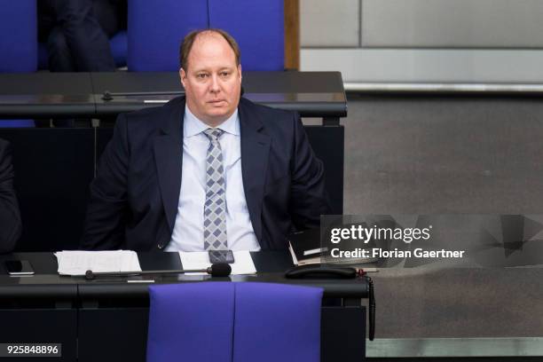 Helge Braun, Minister of State of the Federal Chancellor, is pictured during a plenary session at the German Bundestag on February 28, 2018 in...