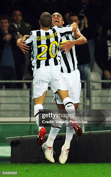 David Trezeguet of Juventus FC celebrates his goal with Sebastian Giovinco during the Serie A match between Juventus FC and SSC Napoli at Olimpico...