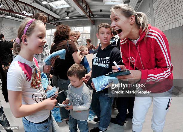 Britta Heidemann signs autographs during a fencing cup at Kurt-Riess sports ground on October 31, 2009 in Leverkusen, Germany.