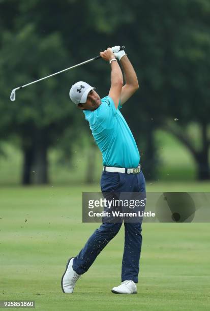 Felipe Aguliar of Chile plays his second shot into the fourth green during the first round of the Tshwane Open at Pretoria Country Club on March 1,...