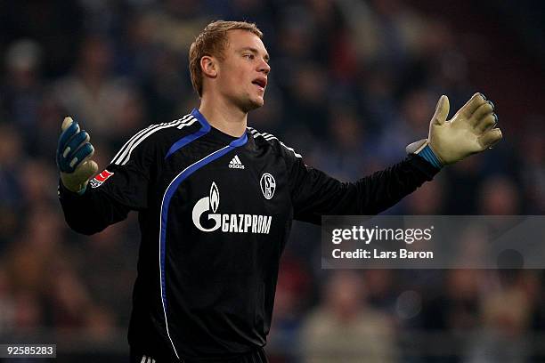 Goalkeeper Manuel Neuer of Schalke reacts during the Bundesliga match between FC Schalke 04 and Bayer 04 Leverkusen at the Veltins Arena on October...