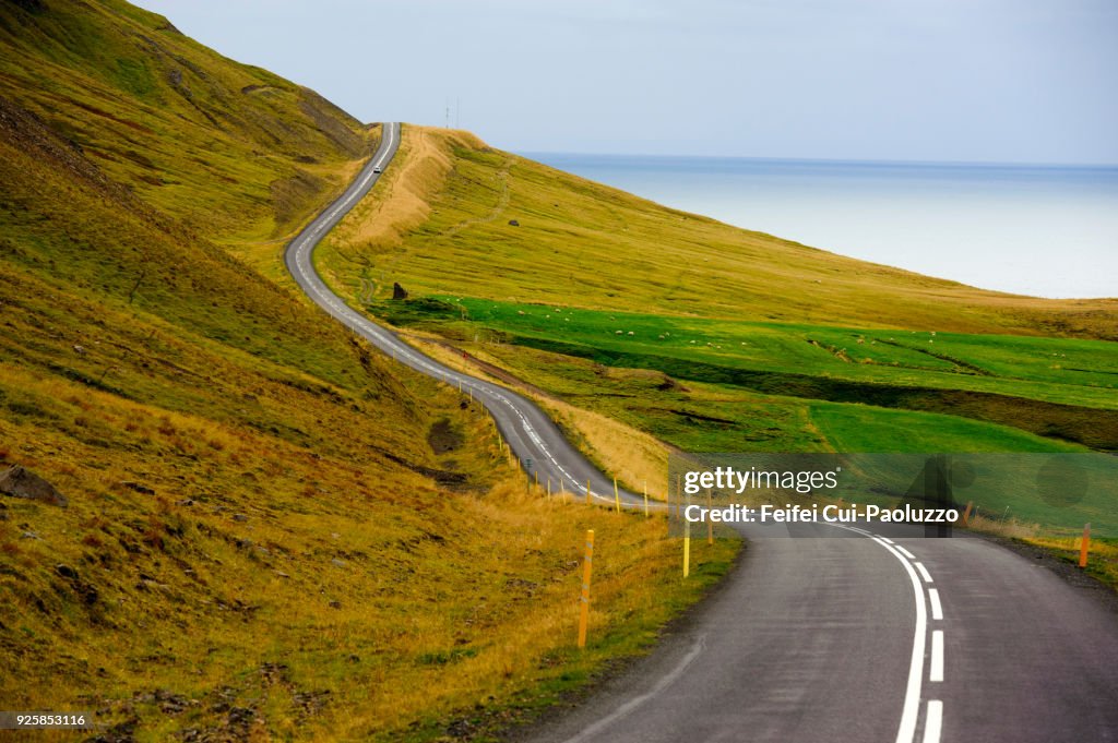 Winding road near Siglufjordur, in the norther east of Iceland