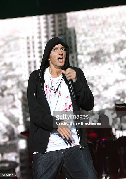 Eminem performs at the 2009 Voodoo Experience at City Park on October 30, 2009 in New Orleans, Louisiana.
