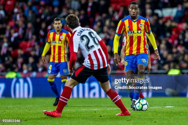 Geoffrey Kondogbia of Valencia CF during the La Liga Santander match between Athletic de Bilbao v Valencia at the Estadio San Mames on February 28,...