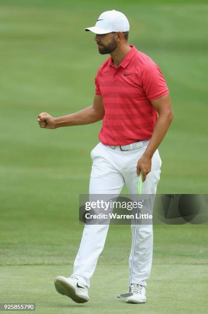 Erik Van Rooyen of South Africa celebrates on the 11th green during the first round of the Tshwane Open at Pretoria Country Club on March 1, 2018 in...