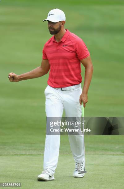 Erik Van Rooyen of South Africa celebrates on the 11th green during the first round of the Tshwane Open at Pretoria Country Club on March 1, 2018 in...