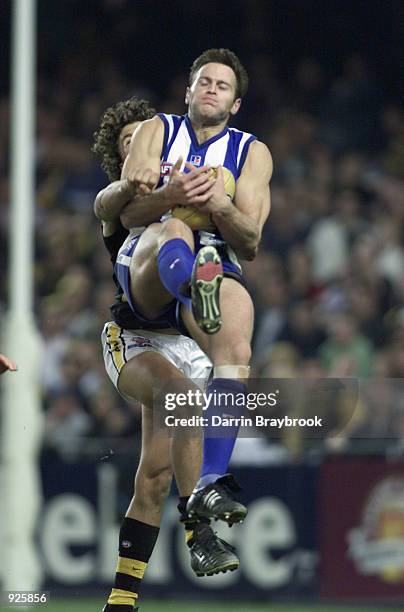 Saverio Rocca for the Kangaroos takes the mark in front of Darren Gaspar for Richmond, in the match between the Kangaroos and the Richmond Tigers,...