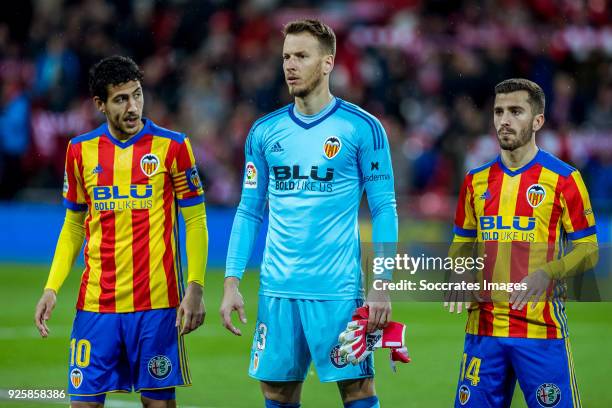 Daniel Parejo of Valencia CF, Neto of Valencia CF, Jose Gaya of Valencia CF during the La Liga Santander match between Athletic de Bilbao v Valencia...