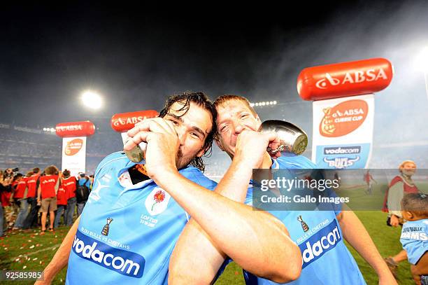 Victor Matfield and Bakkies Botha celebrate victory after the Absa Currie Cup Final match between Blue Bulls and Free State Cheetahs from Loftus...