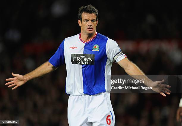 Ryan Nelsen of Blackburn Rovers gestures during the Barclays Premier League match between Manchester United and Blackburn Rovers at Old Trafford on...