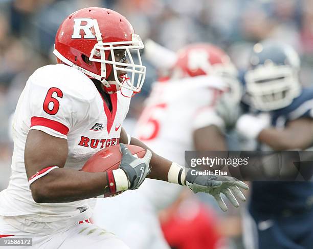 Mohamed Sanu of the Rutgers Scarlet Knights carries the ball in the second half against the Connecticut Huskies on October 31, 2009 at Rentschler...